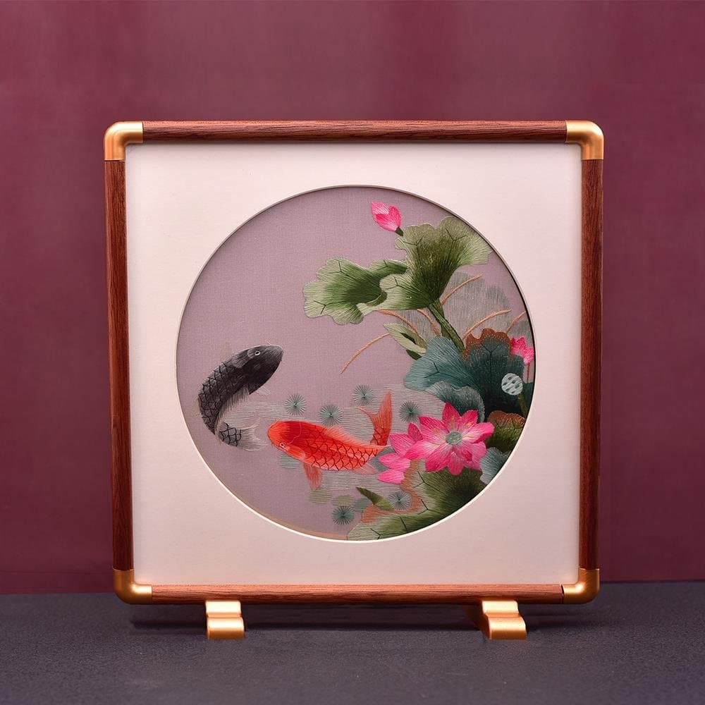 Shu Embroidery Silk Double-Sided Koi Table Screen